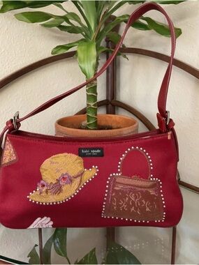kate spade red embroidered shoulder bag with pearl accents